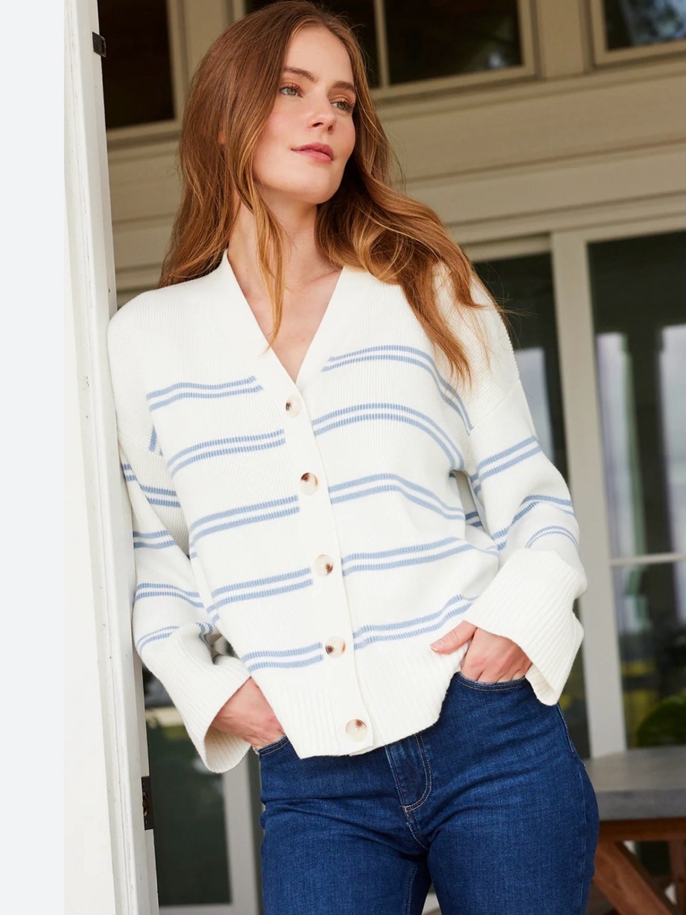 Lake Nora Cream and Blue Striped Cotton Cardigan